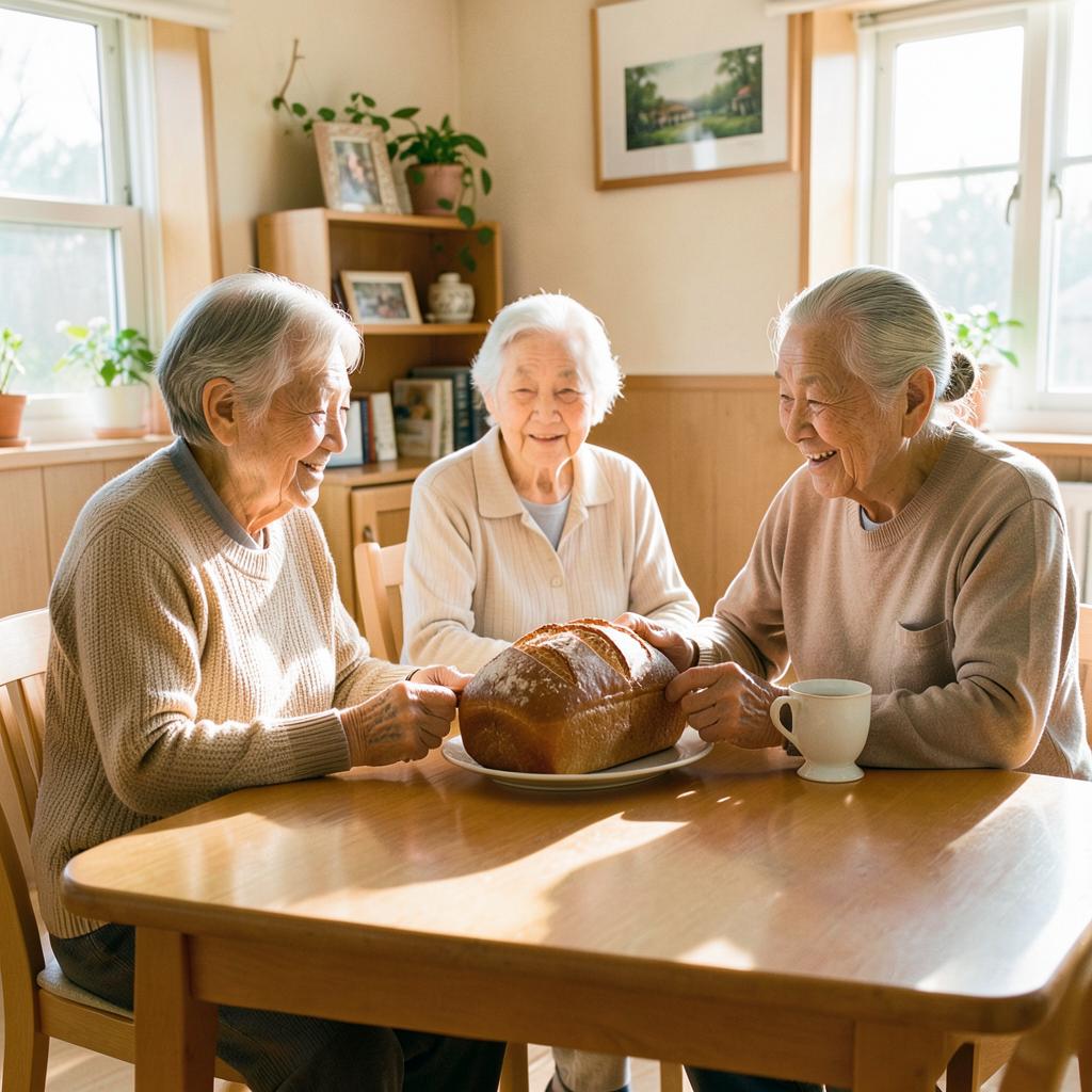 Residents sharing a fresh loaf of bread and tea at a sunlit dining table