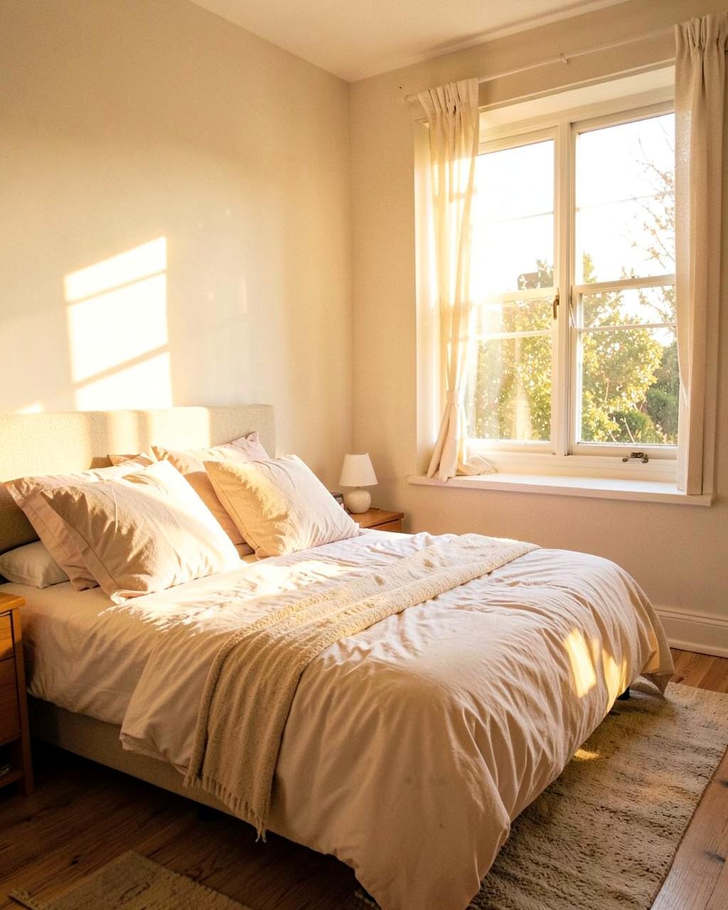 A sunlit resident bedroom with soft linen bedding