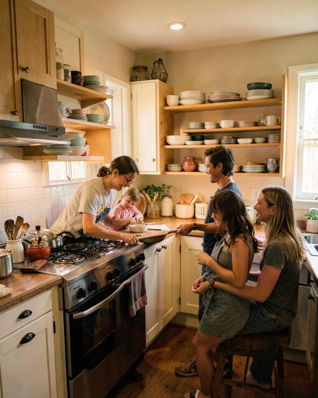 A small kitchen with a family cooking together