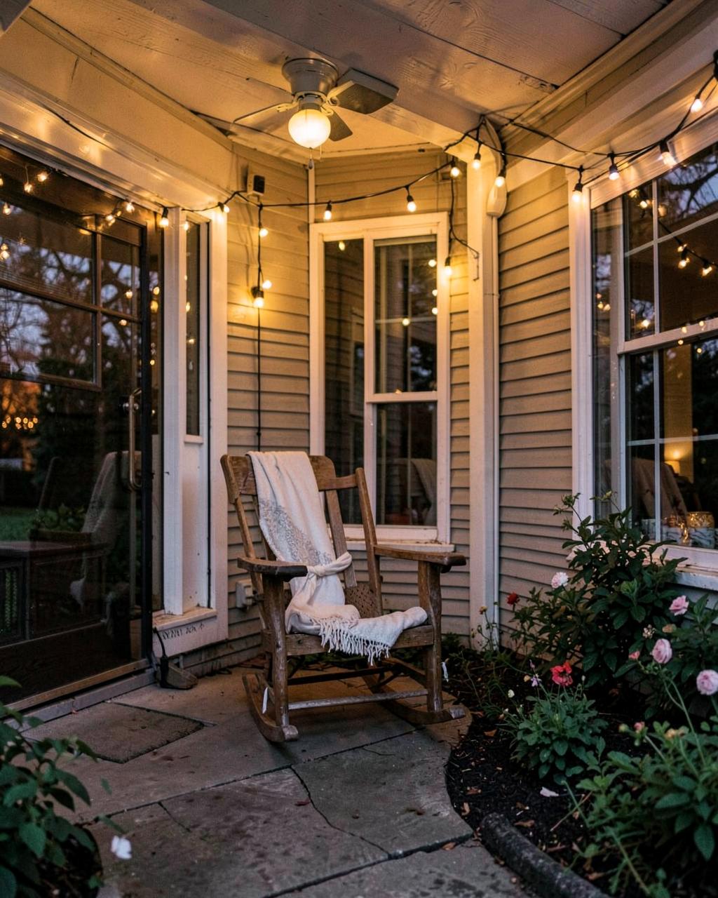 The front porch at dusk with a rocking chair and string lights